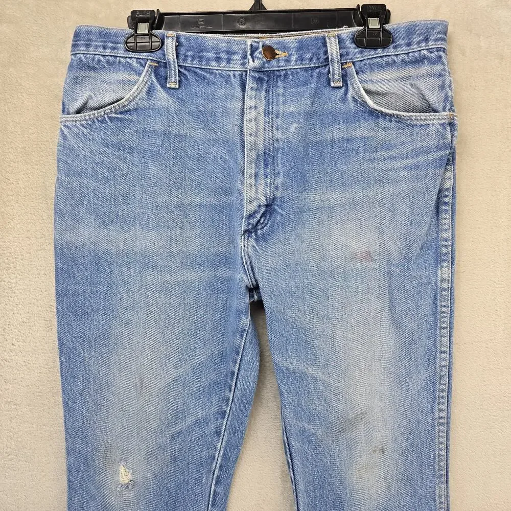 Vintage Rustler Jeans Mens Fits 32x26 Blue Faded Whiskers Denim Straight Leg USA